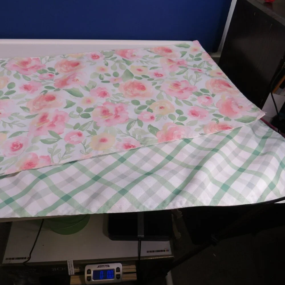 Pastel Rose Floral Table Runner with Green Plaid Backer 13x70